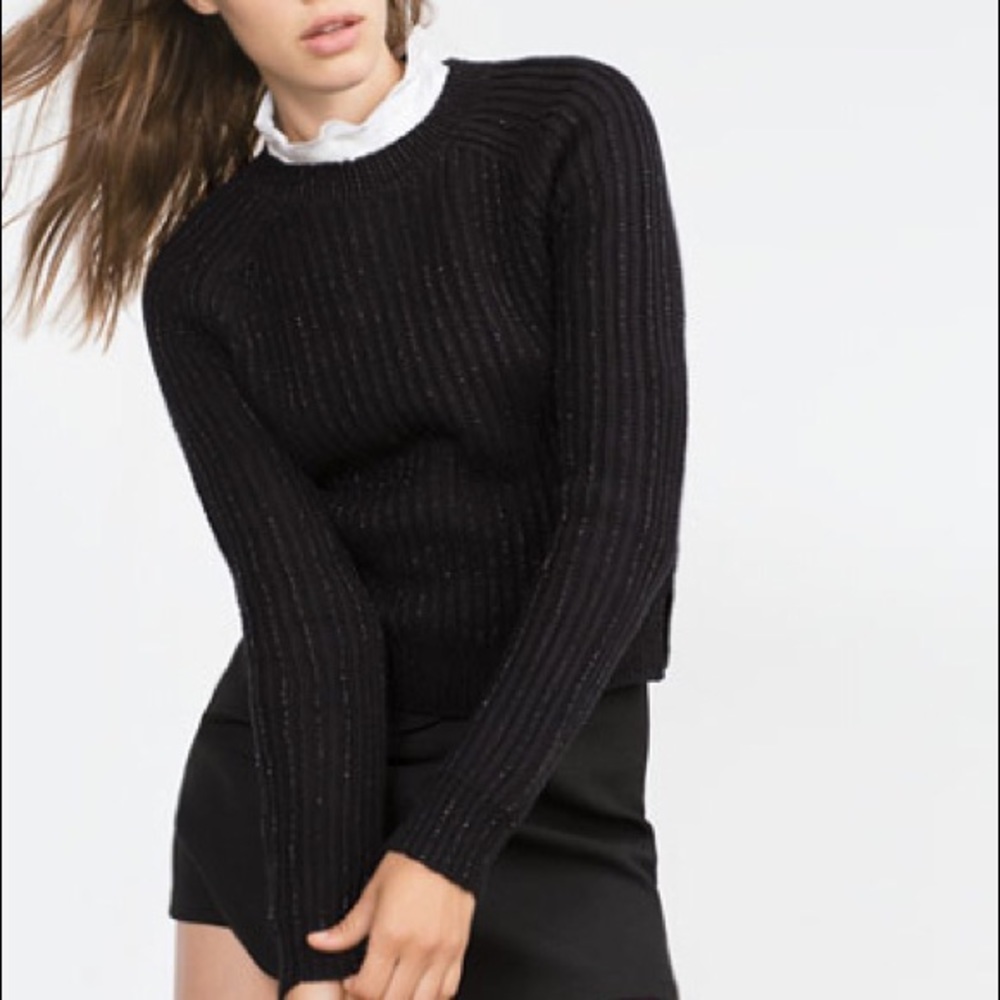 NWT Zara Black Knit Shimmer Bead Cropped Sweater - Picture 1 of 7